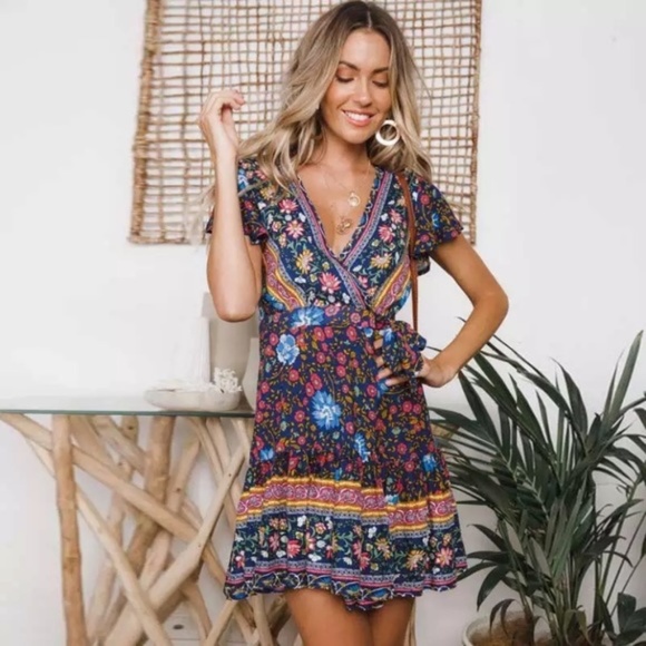 SOLD OUT Navy Boho Floral Gypsy Short Sleeve Mini Dress - Picture 2 of 6